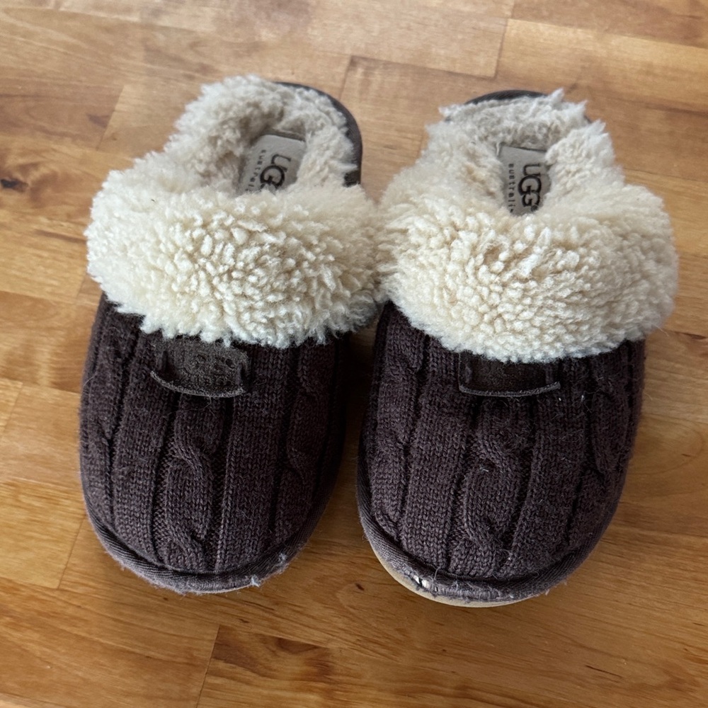 UGG Chocolate Cable Knit Slippers with Ivory Fur